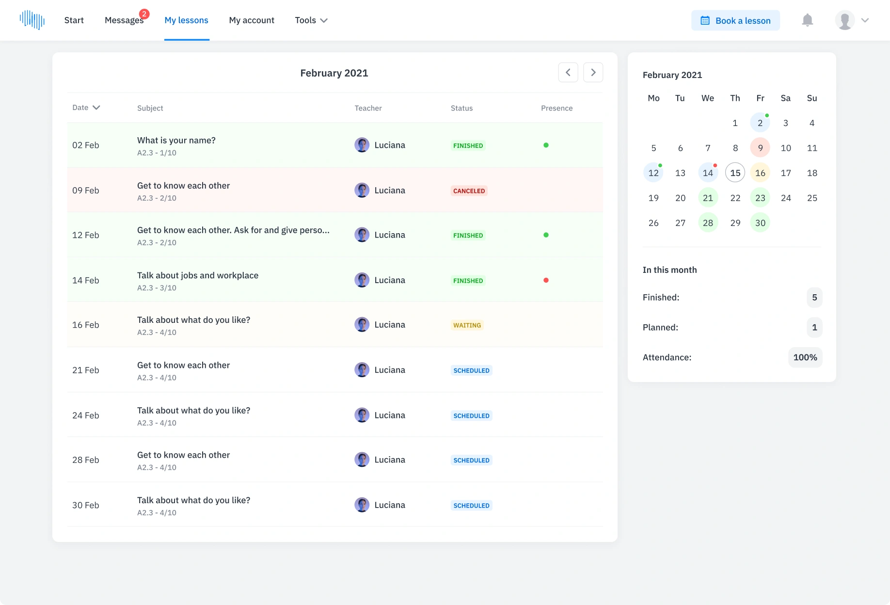 Student Space - My lessons